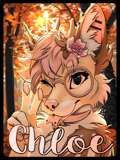 A portrait of a deer dog in pastel browns and pinks. She wears round pink glasses and has a Sakura flower in her hair. She is winking and sticking out her tongue, which is forked and has a stud in each fork. She is holding up a hand in a peace sign. The background is of an autumnal forest with the sun glinting through the leaves. The name Chloe is written across the bottom in pink