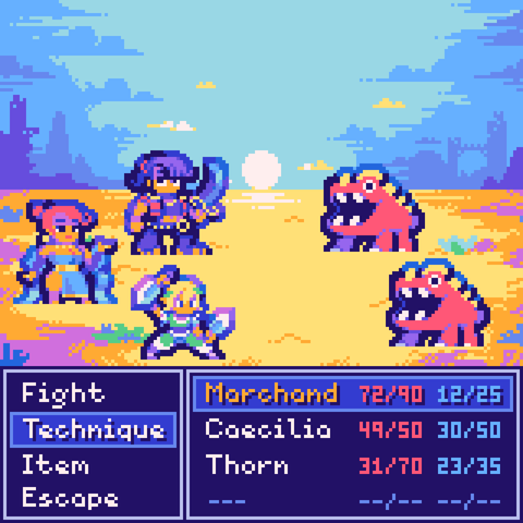 A pixel art battle screen of a JRPG with 3 player characters - a rogue named Marchand, a dancer named Caecilia and an elf named Thorn - facing off against two lizard-like monsters in a desert environment.