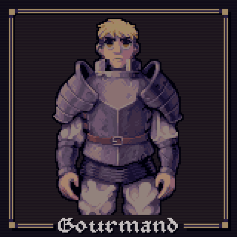 A pixel art illustration of Dungeon Mesh character Laios looking straight ahead, with a neutral expression on his face, in a style inspired by the character profile illustrations of the game Fear & Hunger. The character stands against a dark, textured backdrop, and is framed by a pale golden border. The tile "Gourmand" is written at the bottom of the screen in a gothic-style typeface.