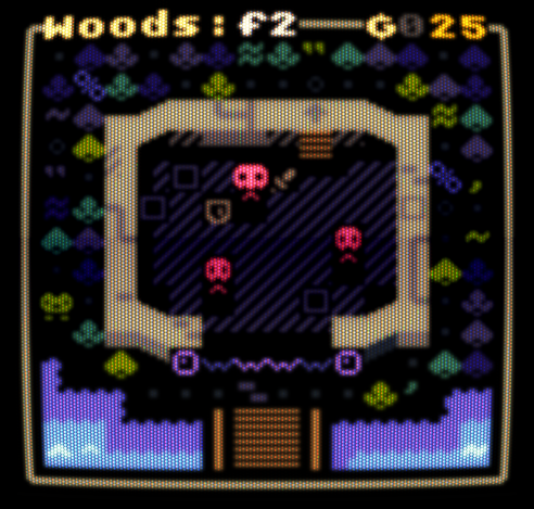 A textmode pixel art scene of a fortress with three red skeletons inside, one of which wields a sword and shield. The fortress is surrounded by woods on the nort, east and west, and a river on the south. Interface up top reads "Woods:f2 - ₲025". A CRT filter is applied over the screen.