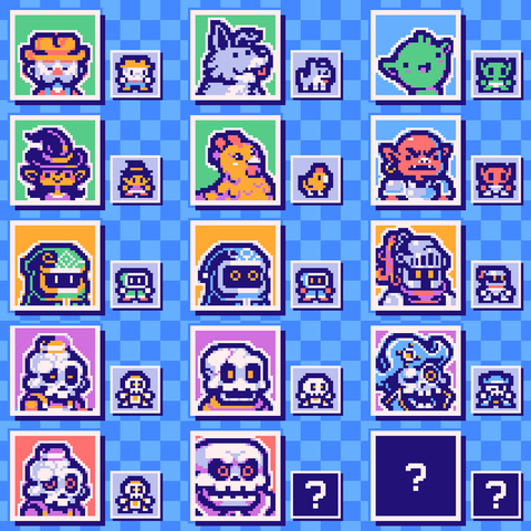 A 3x5 grid of pixel art character avatars and overworld sprites from the game Solar Knight, showing villagers, animals, goblins, hooded figures and skeletons, as well as a few obscured sprites hidden behind a question mark. A checkered pattern of blue and light blue fills the background.