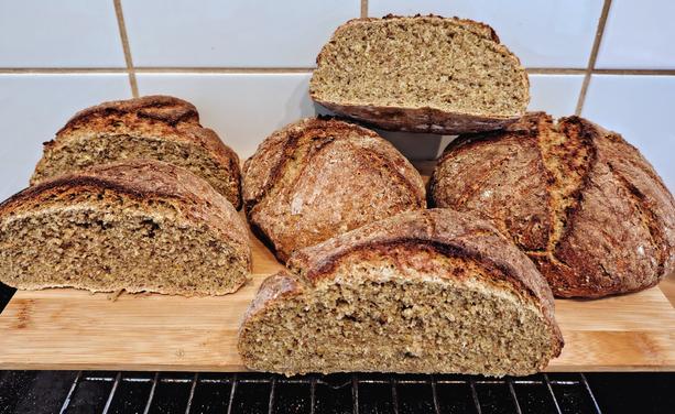 4 brown loafs of dark rye bread cut in half, two uncut.
Background white tiles

Revipe


Tiroler Vinschgauer  brood

In gram: 400 roggemeel, 400 tarwebloem, 580 water, 12 gist, 16 zout, eetlepel olijfolie, variërend in gewicht: Ruim karwijzaad, anijs en venkel.
En " Brotklee",  een kruid uit Tirol dat aan kerrie doet denken. Het geeft een heerlijk aroma aan dit brood.
Laatste beetje van vorig jaar was op, voor deze keer kerriepoeder uit een potje van de toko gebruikt,
 
245 °C. 30 minuten