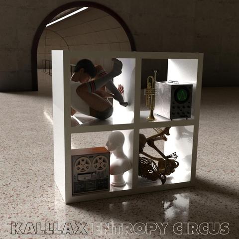 The image features a white shelving unit with four compartments, each containing a distinct object. The top left compartment displays a figure in a dynamic pose, seemingly performing a dance or acrobatic move. The top right compartment holds a trumpet and an oscilloscope with a green waveform display. The bottom left compartment contains a vintage reel-to-reel tape recorder, while the bottom right compartment showcases a white bust and a skeleton in a seated position. The shelving unit is placed on a speckled floor, with a dimly lit archway in the background. The text "KALLLAX ENTROPY CIRCUS" is prominently displayed at the bottom of the image.