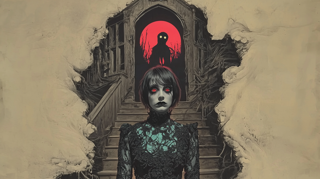 Le Guetteur Rouge.
Peinture abstraite et gothique d'une femme au regard rouge devant un escalier menant à une silhouette inquiétante.
Abstract and gothic painting of a woman with red eyes before a staircase leading to a haunting figure.