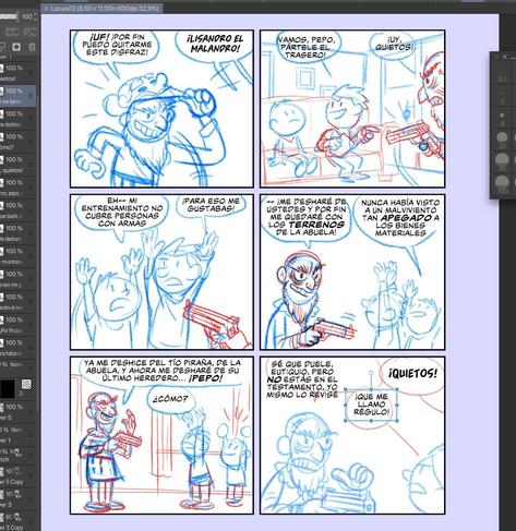 sketched comic page I'm working on. It features the villain pointing a gun to our two heroes, Pepo the wonder kid, and Regulo, the grandson who no one cares about