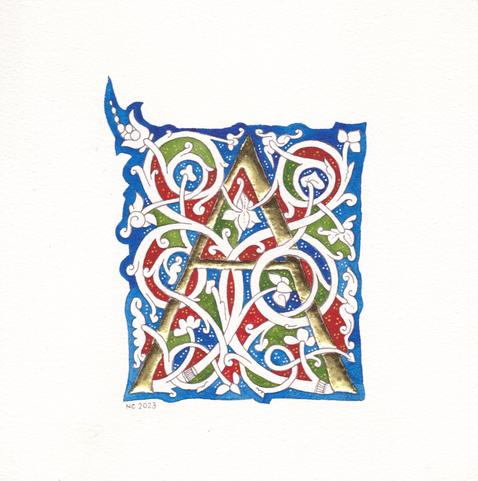 A gold leaf gilded capital A intertwined with white vine. The space between the branches is painted in blue, green or red, with tiny little white or golden dots.