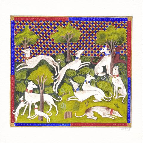 Ten white hunting dogs in a forest. This is taken from the "Livre de Chasse" (hunting book) of Gaston Phébus, count of Foix, France. They evolve in a lush environment of trees and bushes. The "sky" is actually made of tiny red, blue and golden squares.