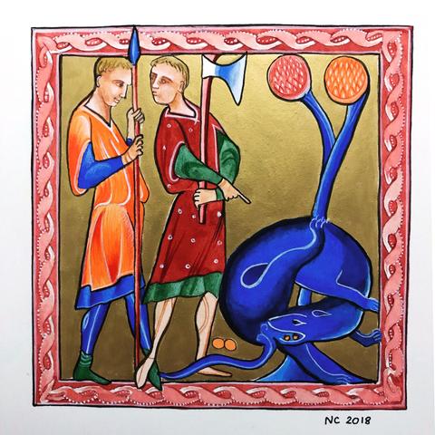 Two men are hunting a beaver. One man, wearing a green and red tunic, is pointing at the beaver while looking at the other man. He is holding an axe. The other man, wearing an orange and blue tunic, holds a spear. The blue beaver on the bottom right seems to be tearing his testicles away, so the hunters can't kill the poor animal for its musk. They are figured as two orange dots behind the beaver.
Illustration copied from the Aberdeen Bestiary.