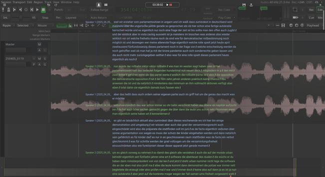An audapolis transcription overlayed over the same audio opened in Ardour