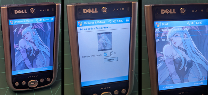 Three images detailing the issues with setting an image as wallpaper on a PocketPC.

Picture 1 shows the full 480x640 image.

Picture 2 shows that you have to select an area to be displayed because...

In picture 3 we see that the top Startbar and bottom bar are overlayed on top of the image thus blocking out parts of it.