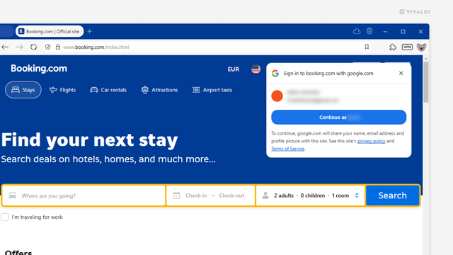 Booking.com website open in the Vivaldi browser. Google's sign-in prompt is shown in the top right corner of the page.