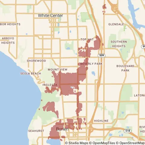 A map showing the location of the outage, centered around Southwest 130th Street in Burien.