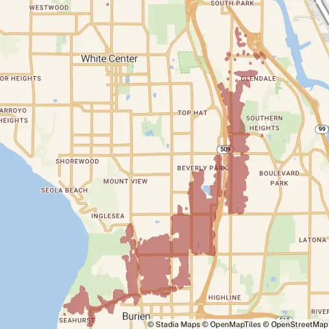 A map showing the location of the outage, centered around Southwest 129th Street in Burien.