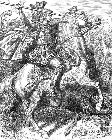 Alexander the Great rides Bucephalus into battle. Image from a 19th-century German woodcut.