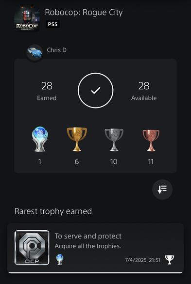 Screenshot of the PS app showing the platinum trophy has been obtained for Robocop: Rogue City