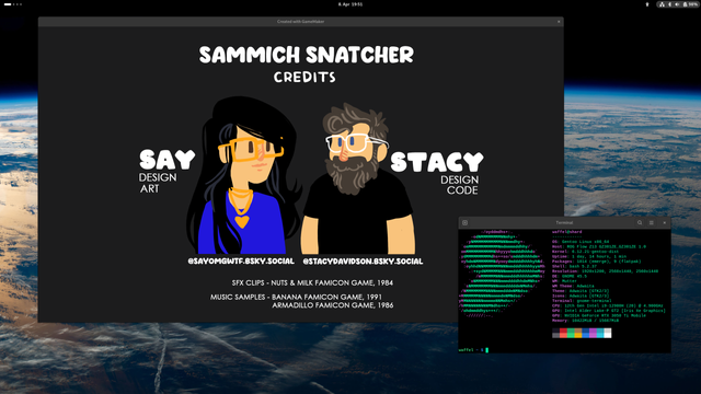 Screenshot of Sammich Snatcher Credits screen and a terminal window showing Neofetch output of my Gentoo Linux system