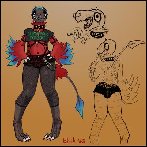 two full body doodles and one portrait doodle of a archen pokesona femboy with a goth punky style in a short skirt, ripped leggings, and a harness under a croptop that says "Slutaceous Period". the second doodle has them presenting their ass with booty shorts that read "jur-ASS-ic"