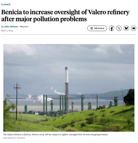 Screenshot of SF Chronicle article with headline: "Benicia to increase oversight of Valero refinery after major pollution problems"