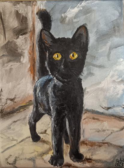 An oil painting of a small black cat. Standing, tail up, staring you with yellow eyes. Background is a corner of an old room.