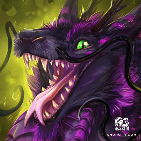 Happy smiling fluffy noodle dragon portrait with its teeth and tongue out. The dragon is violet and purple and background is green