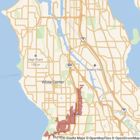 A map showing the location of the outage, centered around Southwest 129th Street in Burien.