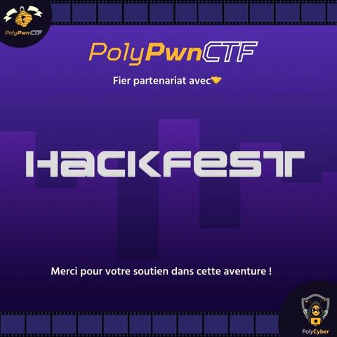 image of PolyPwnCTF announcing the partnership with Hackfest on a purple background image of a cityscape