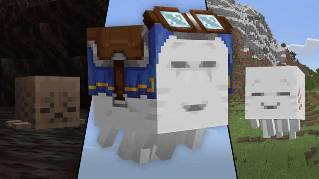 From left to right: A dried ghast, a happy ghast with a blue harness, and a ghastling.