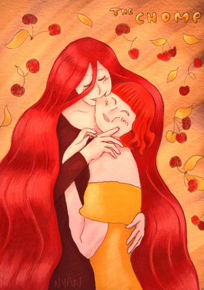 Illustration de deux femmes aux cheveux rouges reprenant Le Baiser de Klimt. L'une tient l'autre dans ses bras et lui mord gentiment la joue. L'autre est heureuse et rit. L'ensemble est tendre et chaleureux. Autour d'elles un motif de cerises. L'illustration semble réalisée au crayon de couleur. En haut à droite est écrit "The Chomp", et l'illustration est signée Nyan.