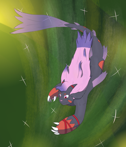 Carmine the Seagoat, a goat merfur with grey fur and red markings, swims through a starry space. Their legs have been fused into a fishy tail; their hair and fins are pink and purple, and respectively sparkle and a translucent. They're quite happy to explore the stars with their new form.