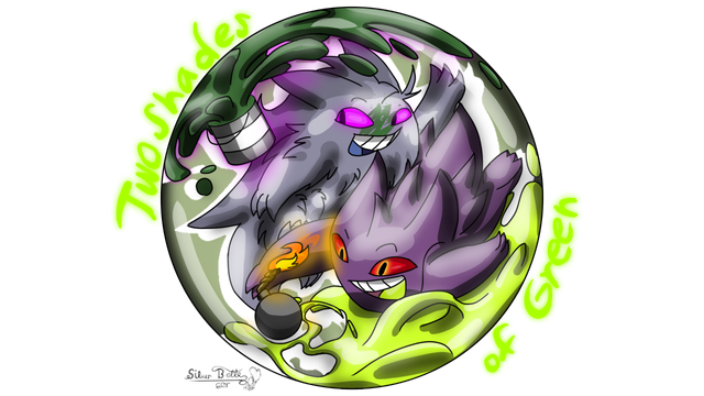 The logo of Two Shades of Green. Confined within a circular space, Jinji - a Gengar with a green tongue - slides on a wave of slime and places a lit bomb at the feet of Aadvay, a Shiny Gengar. Meanwhile, Aadvay stands beside Jinji and manipulates a can of Green paint to splatter above him using his Ghostly energies. The title of the series is written around the logo: "Two Shades" around the top-left, and "of Green" around the bottom-right.