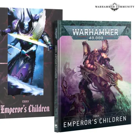A striking display features two editions of the "Codex: Emperor’s Children" for Warhammer 40,000. On the left, a dark cover showcases a dynamic illustration of a warrior wielding a sword, while the right cover presents a vibrant image of a heavily armored figure with a weapon, both embodying the chaotic essence of the Emperor’s Children. The titles "Codex: Emperor’s Children" are prominently displayed on both covers, emphasizing the focus on this faction's lore and gameplay.