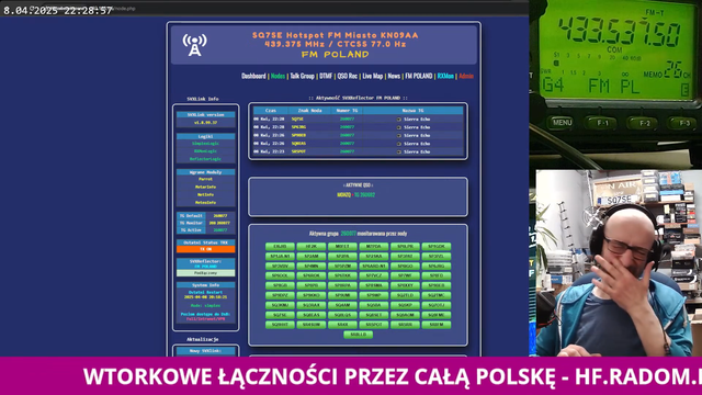 Dashboard FM-POLAND dla znaku SQ7SE, a w prawym dolnym rogu Andrzej pocierający ręką nos, z wyraźnym grymasem.