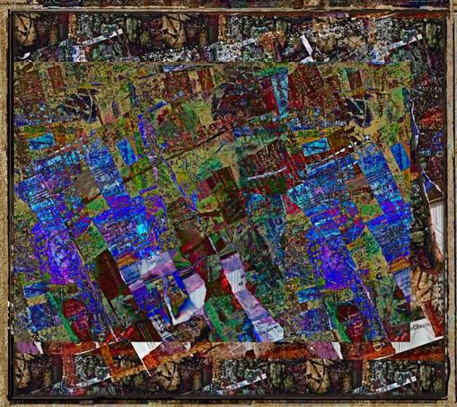 Strips of magazine pages have been overlapped on a diagonal. The scanned collage was digitally modified and blended with a photo of a wooded area. Colours are dark and heavy, suggesting a corroded, aged quality.