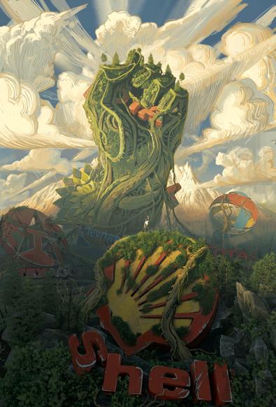 Digital painting of an ecological resistance allegory symbolic green hand crushing oil brands