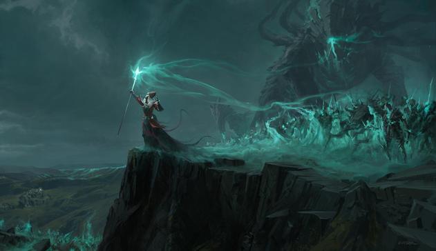 Digital painting of a sorcerer commanding a spectral army