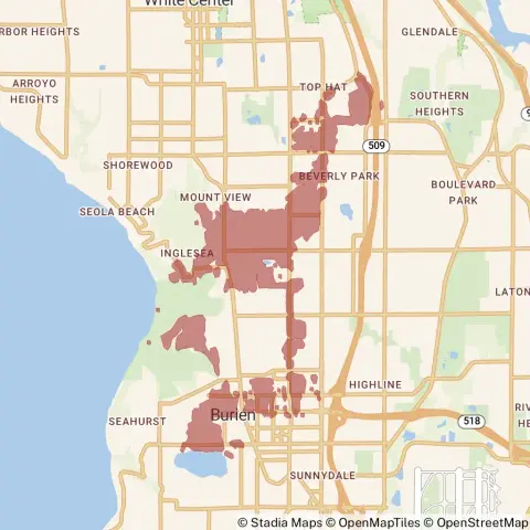A map showing the location of the outage, centered around Southwest 130th Street in Burien.