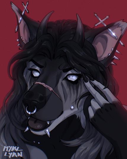 Portrait of a an anthro demon wolf lady. She's sticking her tongue out slightly, looking at the camera.