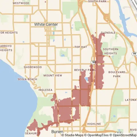 A map showing the location of the outage, centered around Southwest 130th Street in Burien.