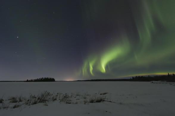 Northern lights glow green with a hint of purple, rippling in the sky above Astotin Lake, at Elk Island National Park in Alberta, Canada. The iconic tree-covered island in the middle of the lake is silhouetted in the background on the left, with the aurora on the right.