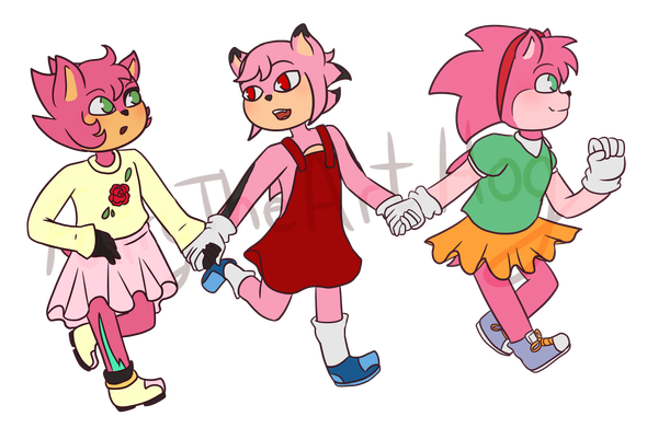 Three pink hedgehogs that are Sonic characters. All the way to the right is Classic Amy Rose leading the way while holding hands with her fankid, Jazz who's wearing a red dress. Jazz is holding hands with her kid, who is wearing a pale yellow sweater and pink skirt. All of them are different shades of pink.