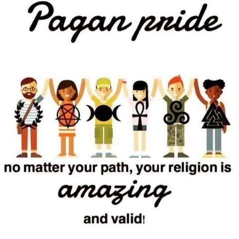 Alt-text:

A diverse group of cartoon figures holding hands, with "Pagan pride" and supportive text about religion.

Transcribed Text:

Pagan pride

no matter your path, your religion is amazing and valid!