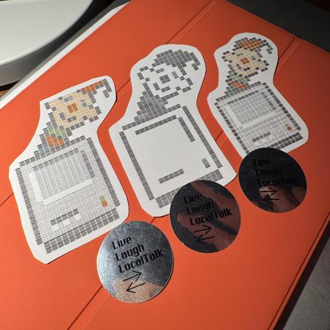 3 ResEdit iron-on logos and 3 shiny Live Laugh LocalTalk stickers