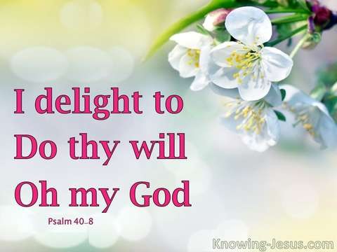 I delight to Do they will Oh my God. Psalm 40:8

background is blurred pale gray, white, and yellow; text is dark pink; there are which and yellow flowers in the upper right corner.