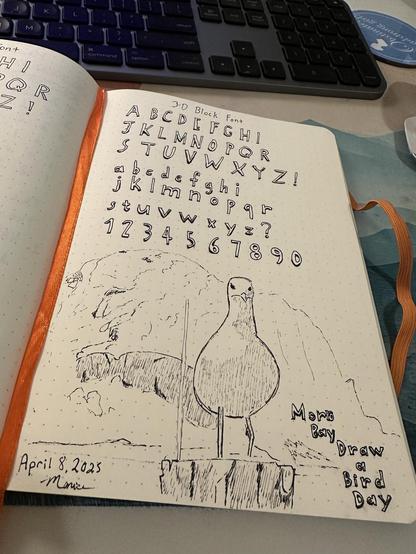 A bullet journal page featuring a hand-drawn guide for a 3D block font, including uppercase and lowercase letters, numbers, and an illustration of a bird standing on a log.