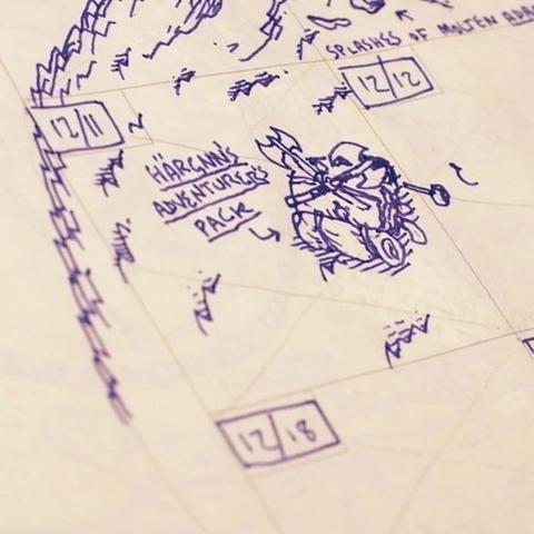 12/11: Härgnn's adventurer's pack: a backpack with a bedroll and two axes