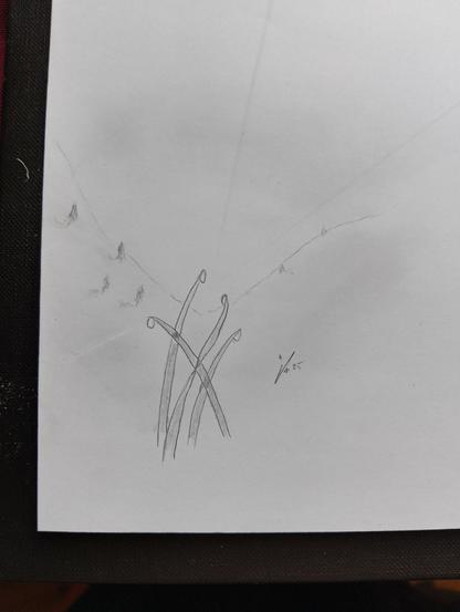 pencil sketch of blades of grass in the foreground, dew drops at their tips, behind them a valley between two hills/mountains with sparse trees on them, the sun rising at the mid point of the valley (some shadows are indicated)