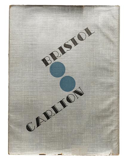 Cover of a booklet. Black and blue ink on metallic paper. Text is “BRISTOL” and “CARLTON” in art deco typefaces.