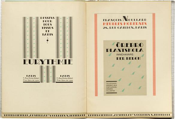 Inside spread of the booklet showing modern layouts with the typefaces in use surrounded by stripes and other minimalist decoration.