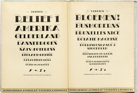 Interior spread of the booklet showing the two typefaces in waterfall specimens, large at top to small sizes at bottom.