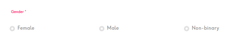 Part of a webpage form indicating that gender is a required form. The gender options are: Female, Male, Non-binary.